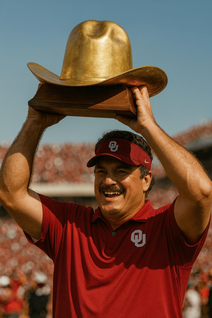 A photorealistic image of fictional Oklahoma Sooners head coach Lovie Mahawg celebrating on the field, smiling broadly while lifting the Texas-Oklahoma Golden Hat Trophy high above his head. He is wearing a crimson OU polo shirt and matching visor, with a packed stadium of red-clad fans blurred in the background under a clear blue sky.