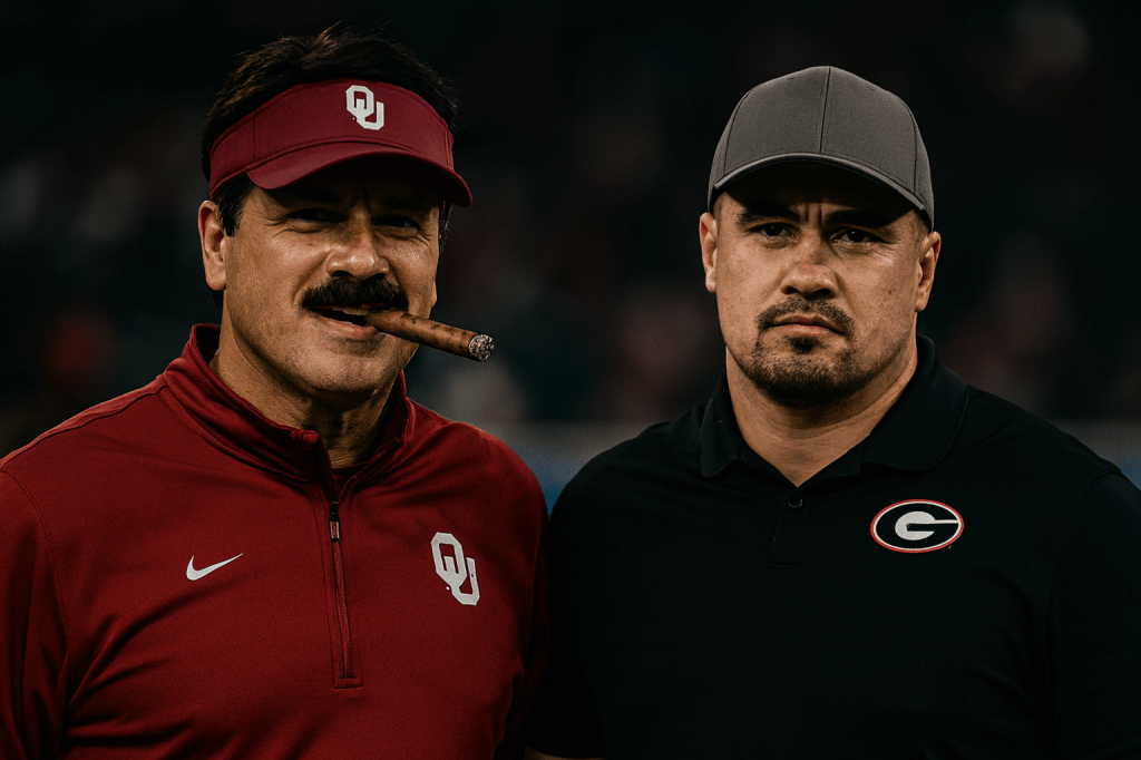 A photorealistic image of two fictional football coaches standing side by side on a stadium field. On the left is Oklahoma Sooners head coach Lovie Mahawg, a middle-aged man with dark hair, a mustache, and a crimson OU pullover and visor, holding a cigar. On the right is his younger brother Tug Mahawg, depicted as a stocky man with short dark hair and stubble, wearing a black Georgia Bulldogs polo shirt and a gray cap. The stadium lights shine brightly in the background, highlighting the contrast between the two brothers.